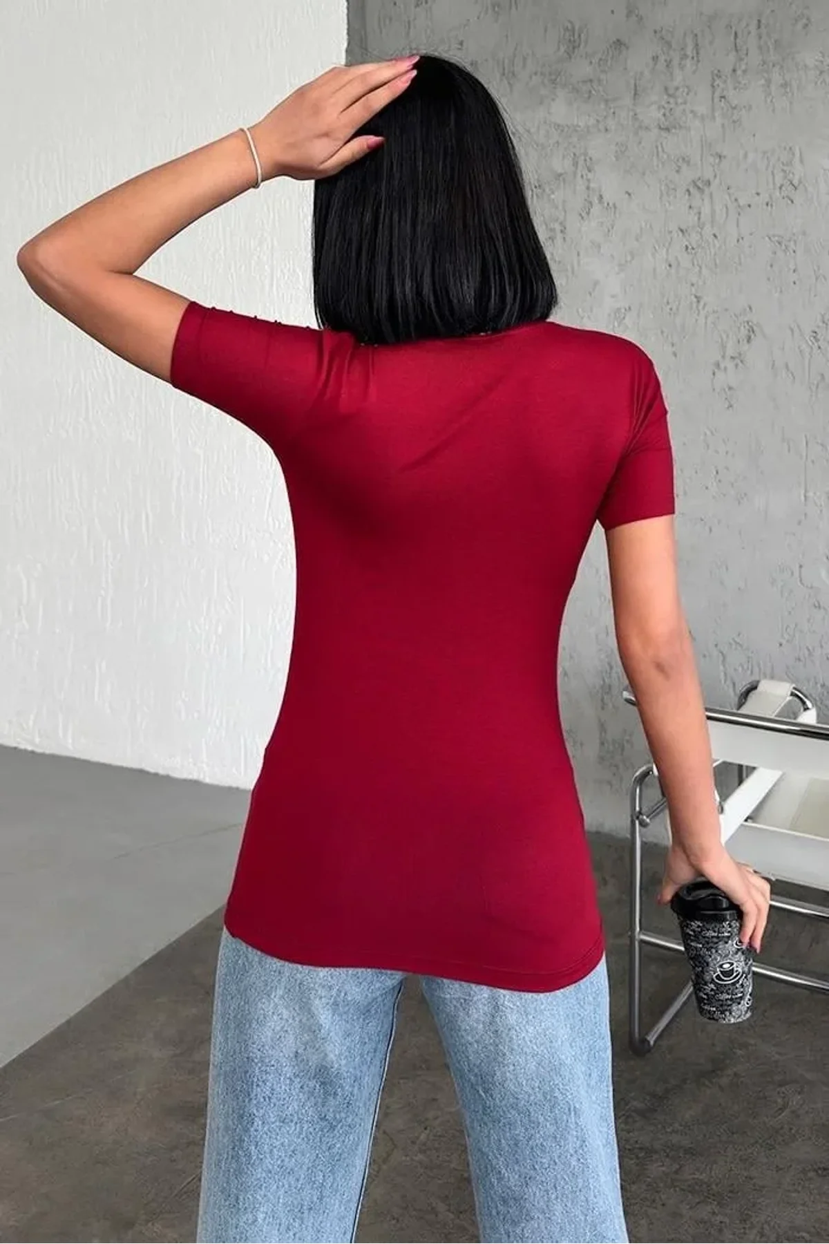 Rahat Ve Şık Kısa Kollu Bisiklet Yaka Likralı Viskon Penye Body Bordo - Just Cheap Store Görsel 5