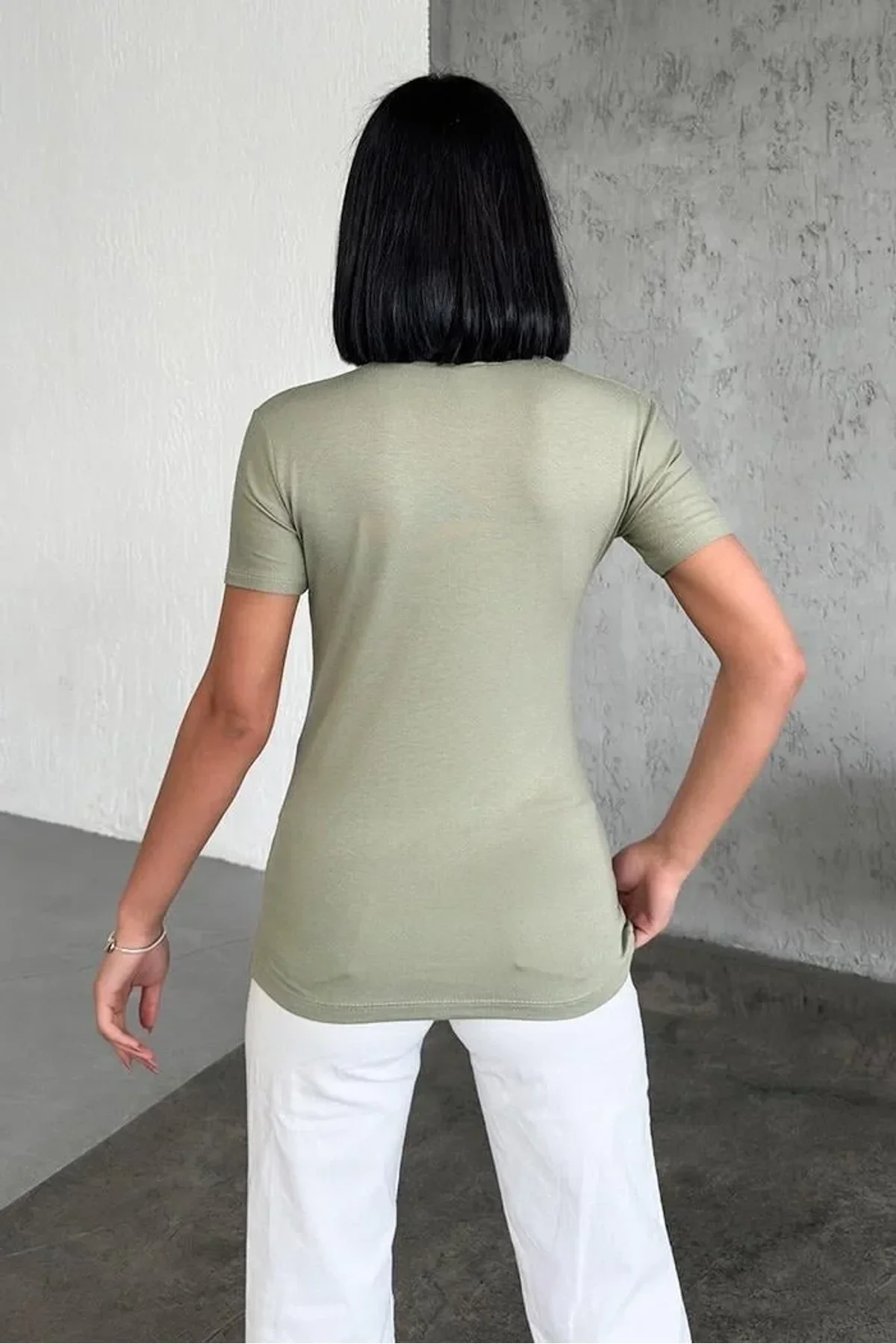 Rahat Ve Şık Kısa Kollu Bisiklet Yaka Likralı Viskon Penye Body Haki - Just Cheap Store Görsel 5