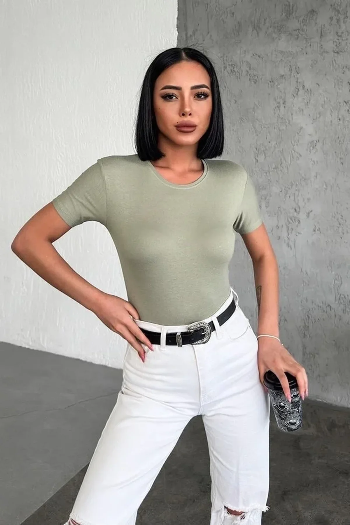 Rahat Ve Şık Kısa Kollu Bisiklet Yaka Likralı Viskon Penye Body Haki - Just Cheap Store Görsel 4