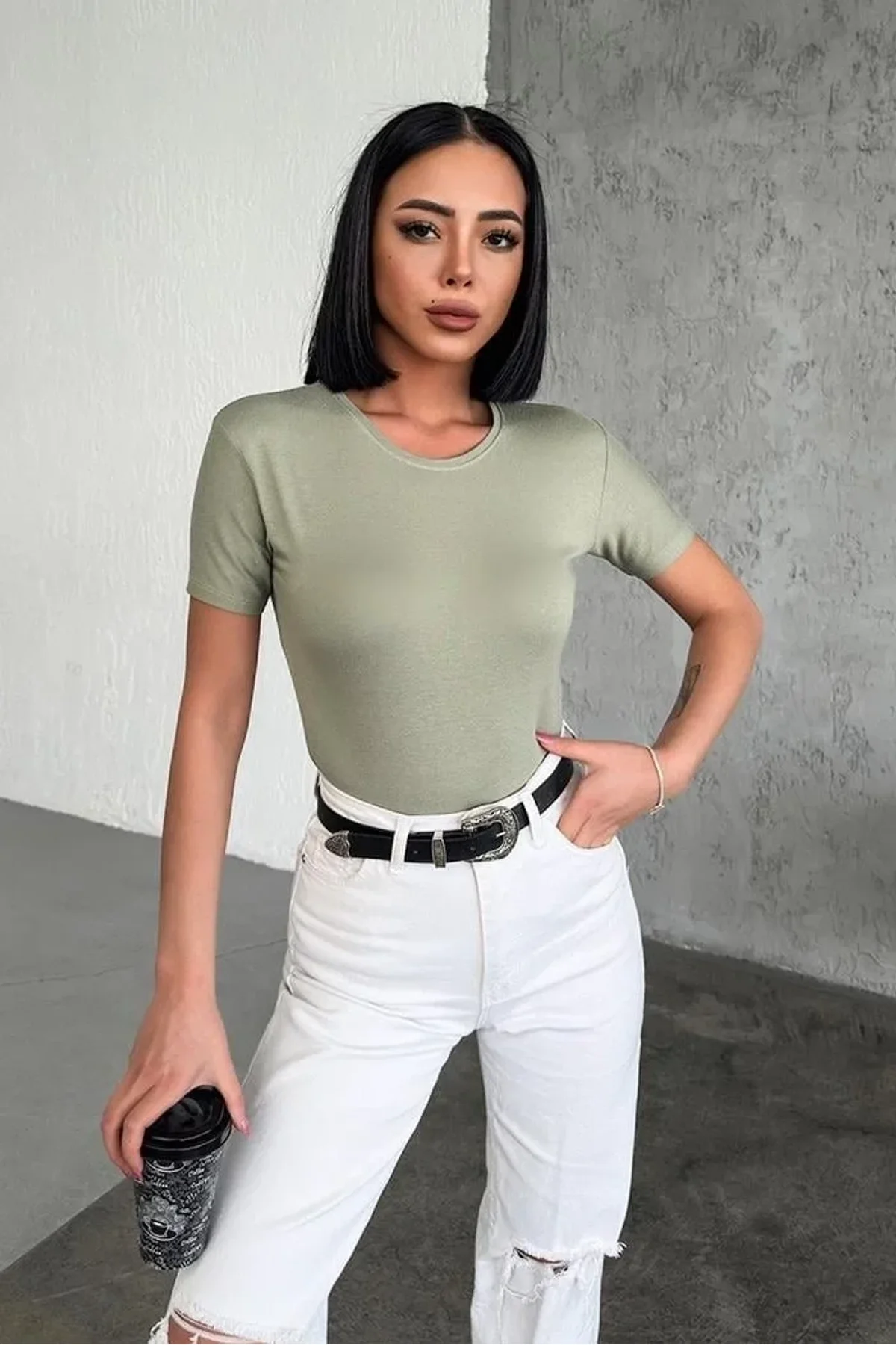 Rahat Ve Şık Kısa Kollu Bisiklet Yaka Likralı Viskon Penye Body Haki - Just Cheap Store Görsel 2