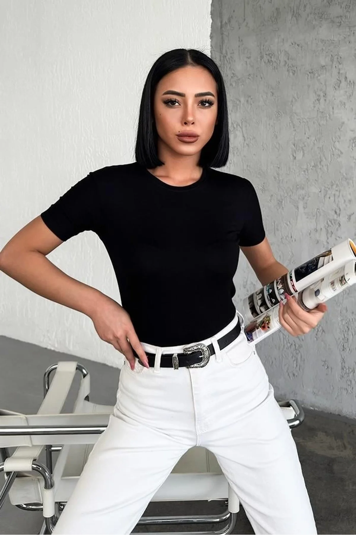 Rahat Ve Şık Kısa Kollu Bisiklet Yaka Likralı Viskon Penye Body Siyah - Just Cheap Store Görsel 5
