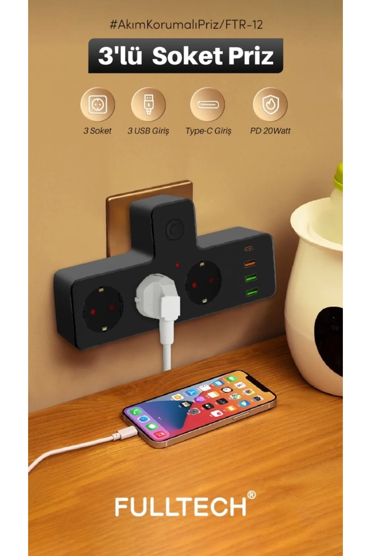 Vothoon Ftr-12 Termal Akım Korumalı Isıya Dayanıklı 3’lü Priz 3x Usb 1x Type-c - Just Cheap Store Görsel 4