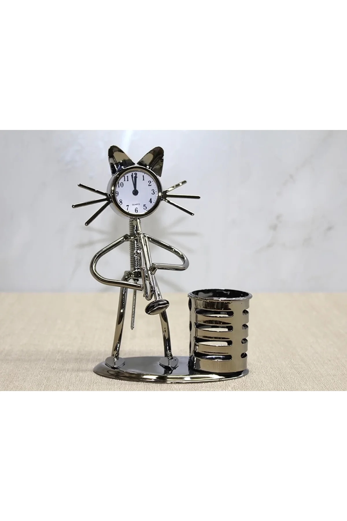 Metal Saksafon Çalan Kedi Müzisyen Saat Ve Kalemlik Alk4346