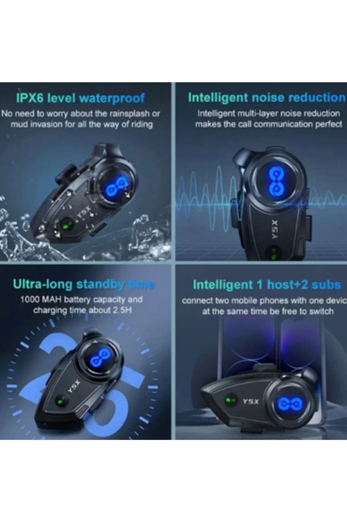 Y5x Rgb Işıklı Intercom 5 Kişi Bağlantılı 1000mah Motosiklet Bluetooth Kulaklık Seti - Just Cheap Store Görsel 4