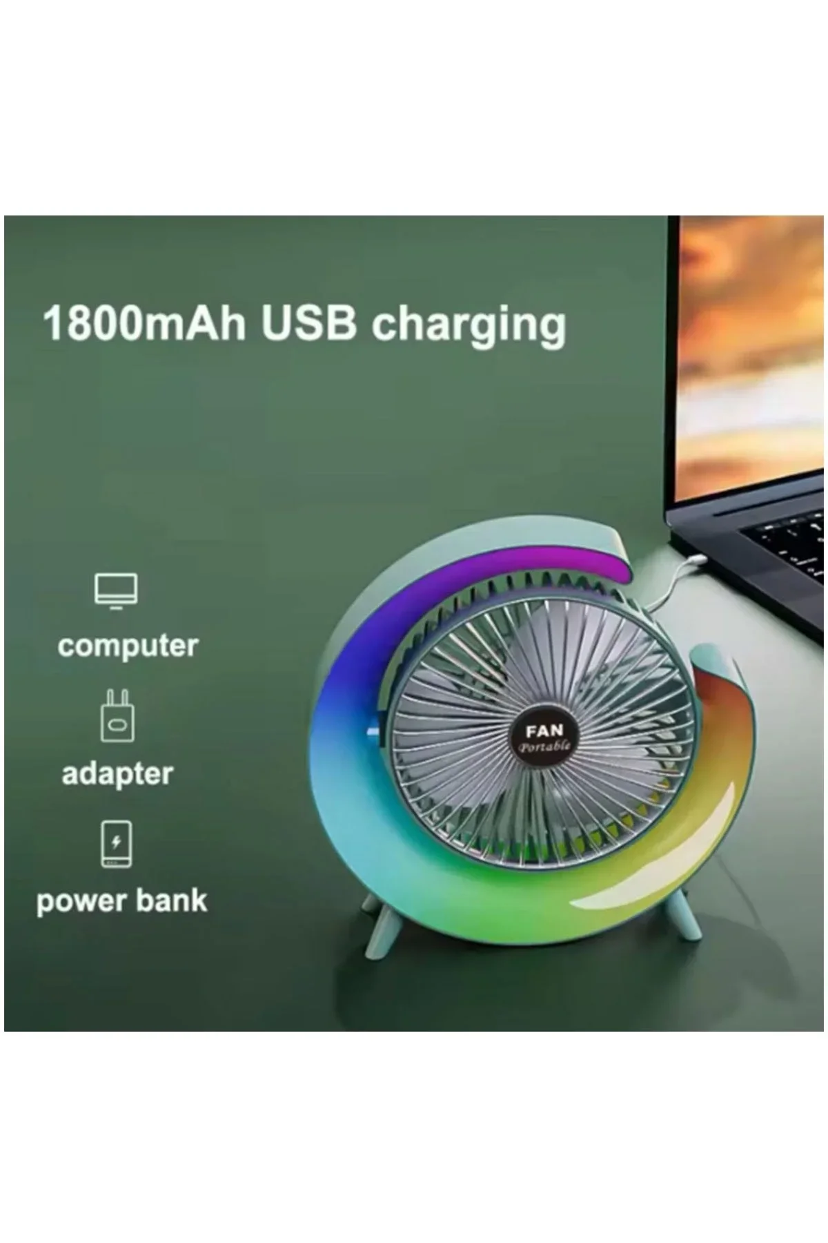 Masaüstü Vantilatör Usb Şarjlı Rgb Led Işıklı 3 Kademeli 180° Ayarlanabilir Soğutucu Fan Pembe - Just Cheap Store Görsel 3