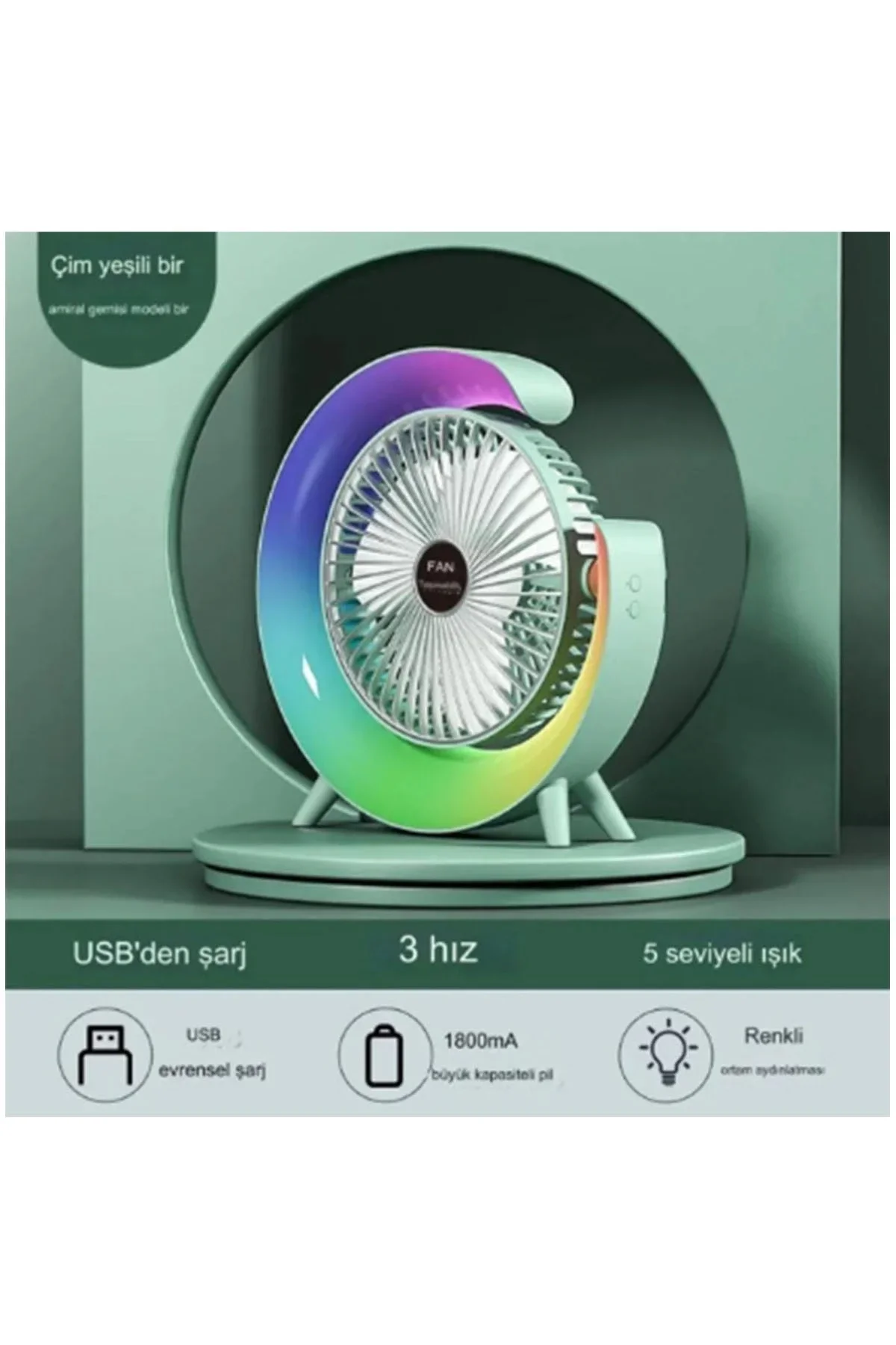 Masaüstü Vantilatör Usb Şarjlı Rgb Led Işıklı 3 Kademeli 180° Ayarlanabilir Soğutucu Fan Yeşil - Just Cheap Store Görsel 2