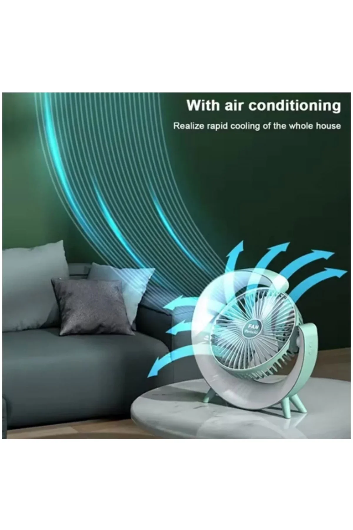 Masaüstü Vantilatör Usb Şarjlı Rgb Led Işıklı 3 Kademeli 180° Ayarlanabilir Soğutucu Fan Yeşil - Just Cheap Store Görsel 5