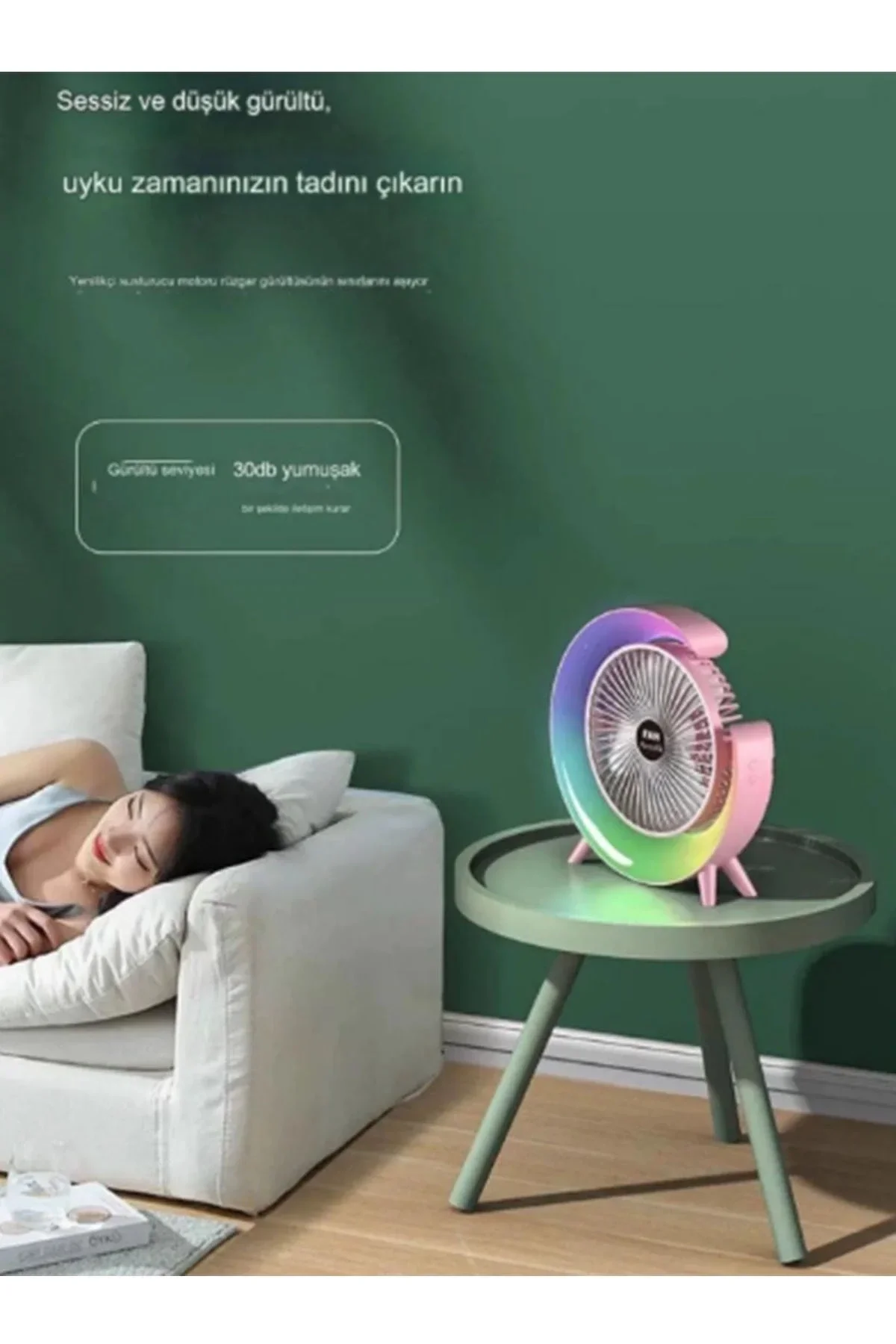 Masaüstü Vantilatör Usb Şarjlı Rgb Led Işıklı 3 Kademeli 180° Ayarlanabilir Soğutucu Fan Yeşil - Just Cheap Store Görsel 4