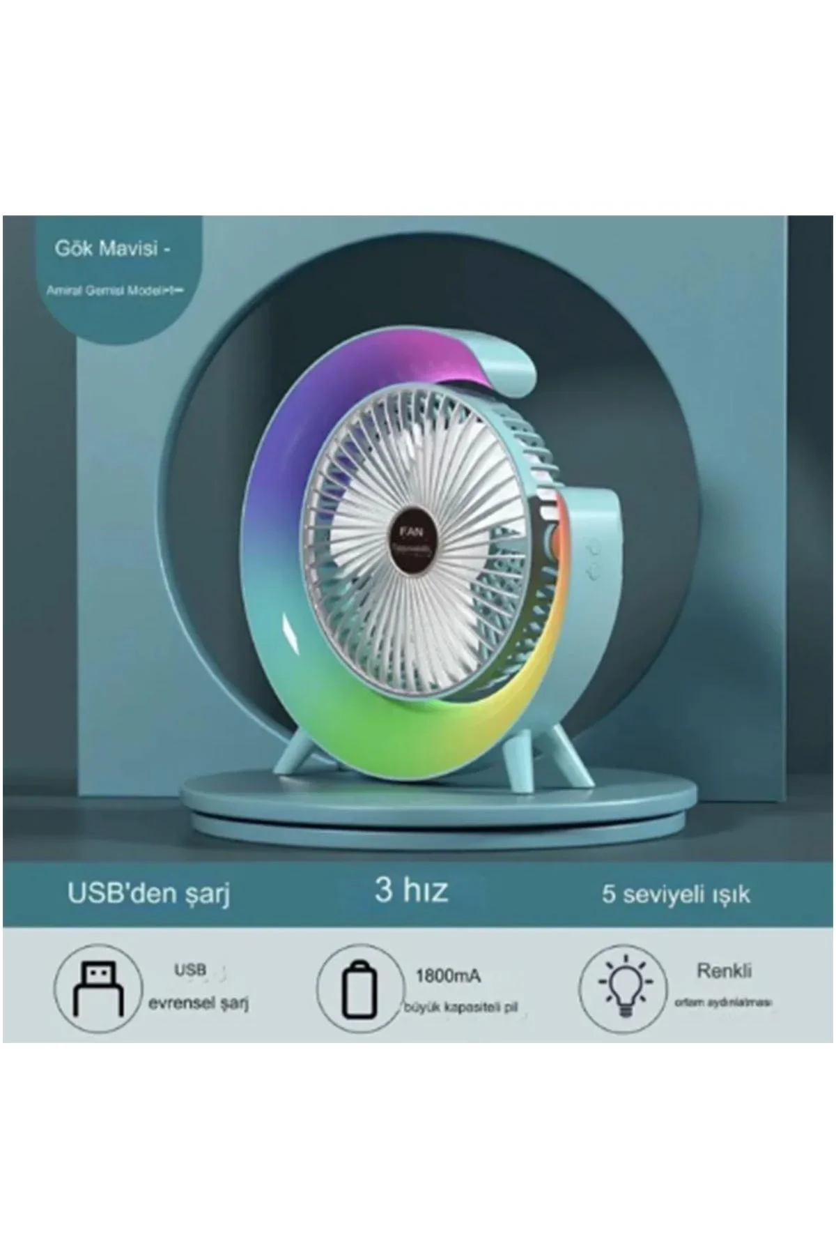 Masaüstü Vantilatör Usb Şarjlı Rgb Led Işıklı 3 Kademeli 180° Ayarlanabilir Soğutucu Fan Mavi - Just Cheap Store Görsel 2