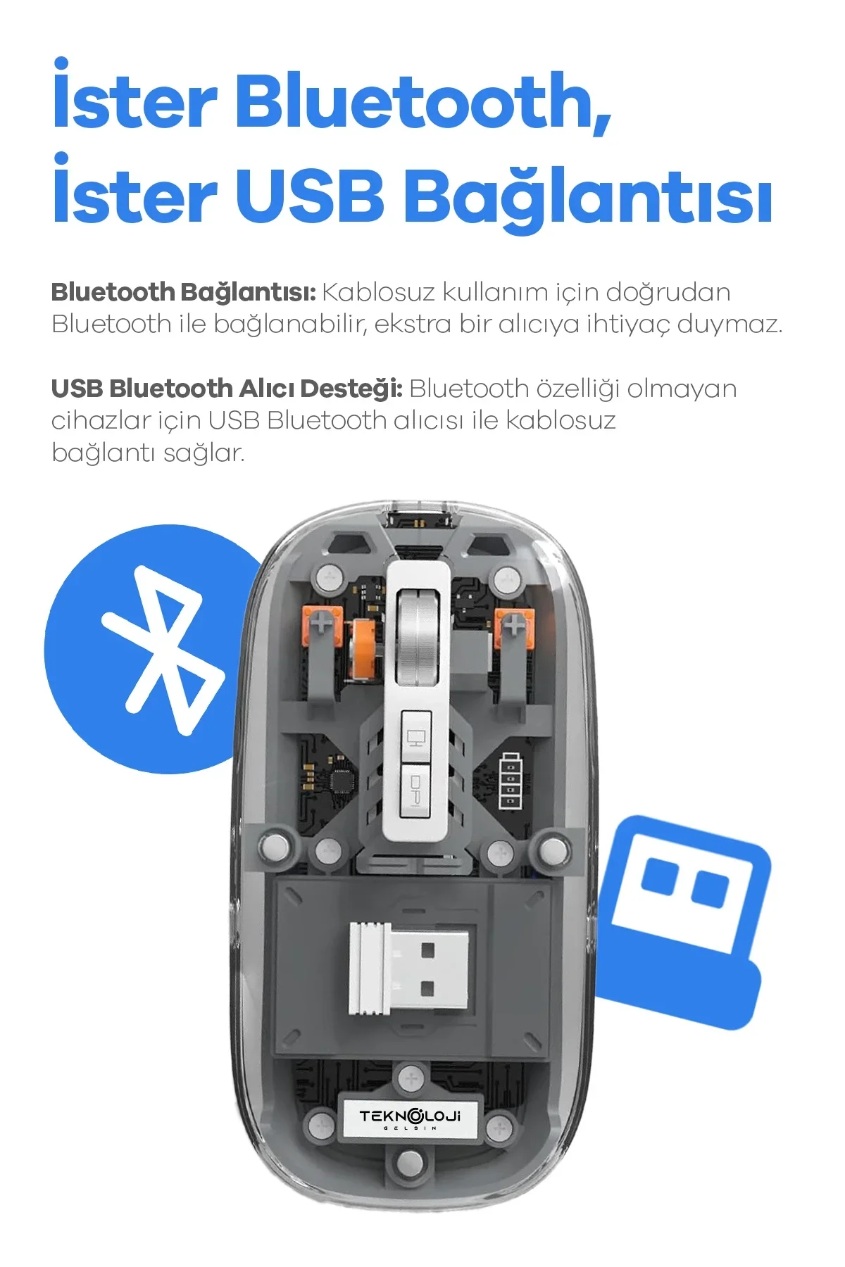 Bluetooth Usb Çift Modlu Sessiz Mouse, Şeffaf Mıknatıslı Kapaklı, Type-c Şarjlı, Dpı Ayarlı, Kablosu - Just Cheap Store Görsel 4