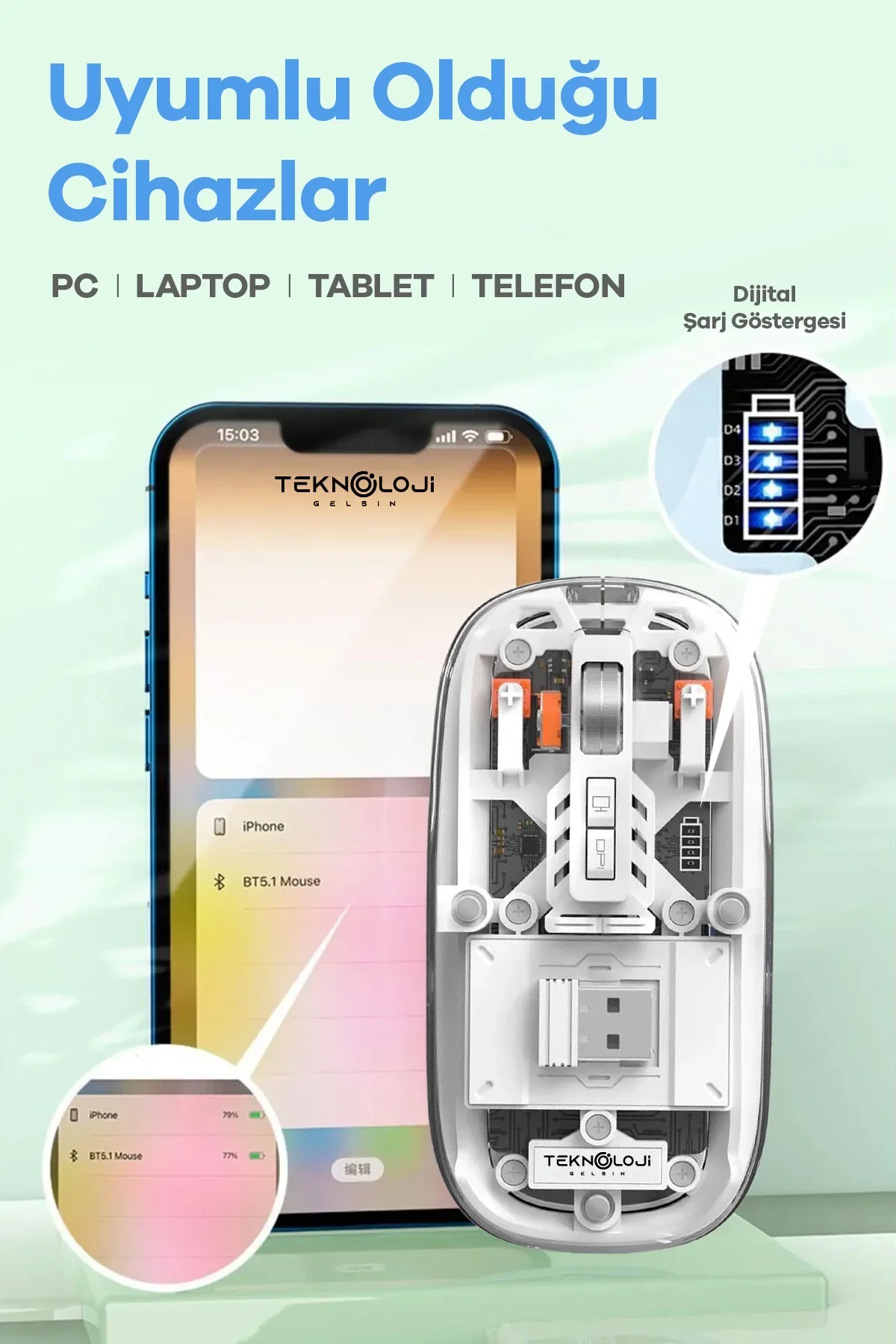 Bluetooth Usb Çift Modlu Sessiz Mouse, Şeffaf Mıknatıslı Kapaklı, Type-c Şarjlı, Dpı Ayarlı, Kablosu - Just Cheap Store Görsel 5