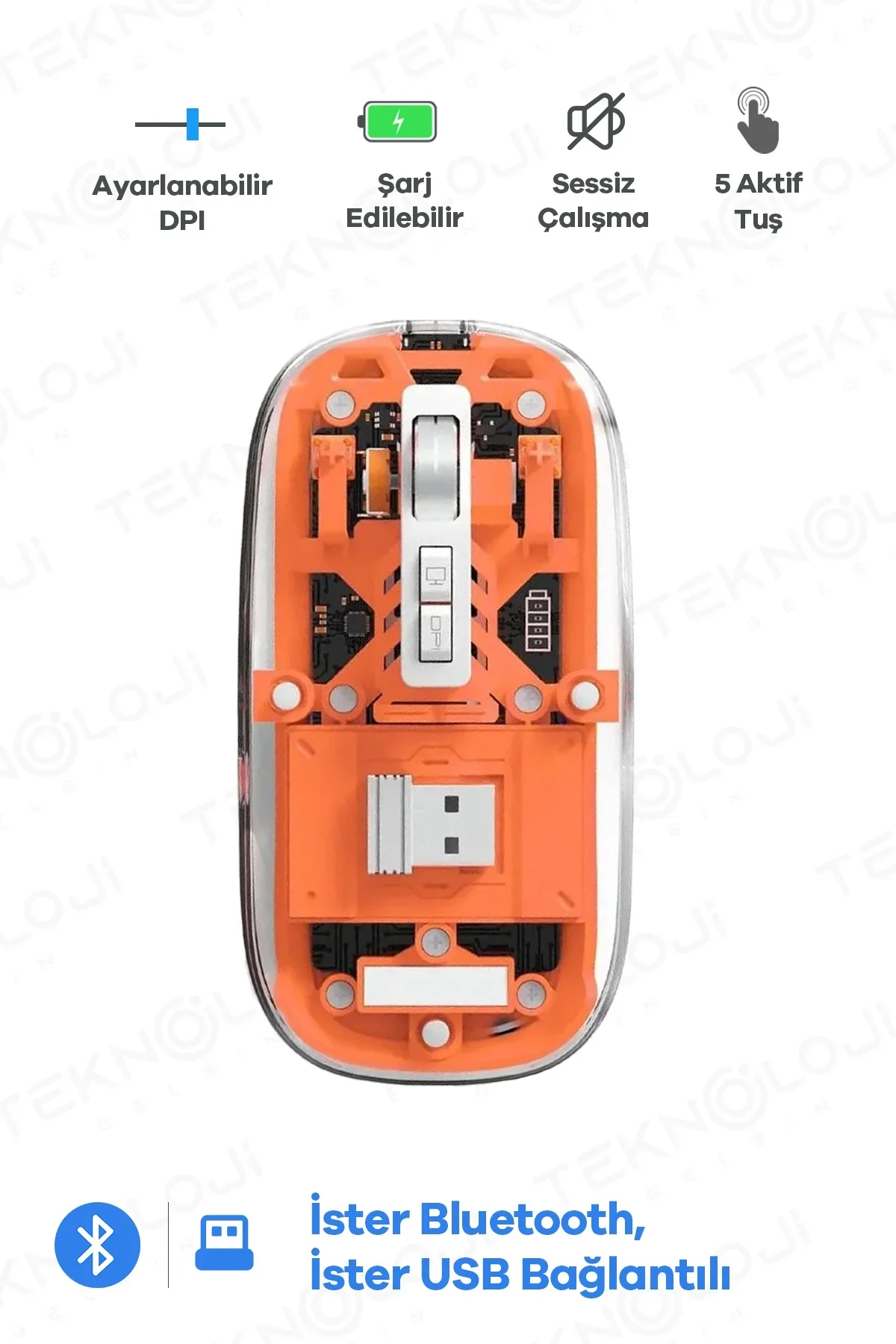 Bluetooth Usb Çift Modlu Sessiz Mouse, Şeffaf Mıknatıslı Kapaklı, Type-c Şarjlı, Dpı Ayarlı, Kablosu - Just Cheap Store Görsel 2