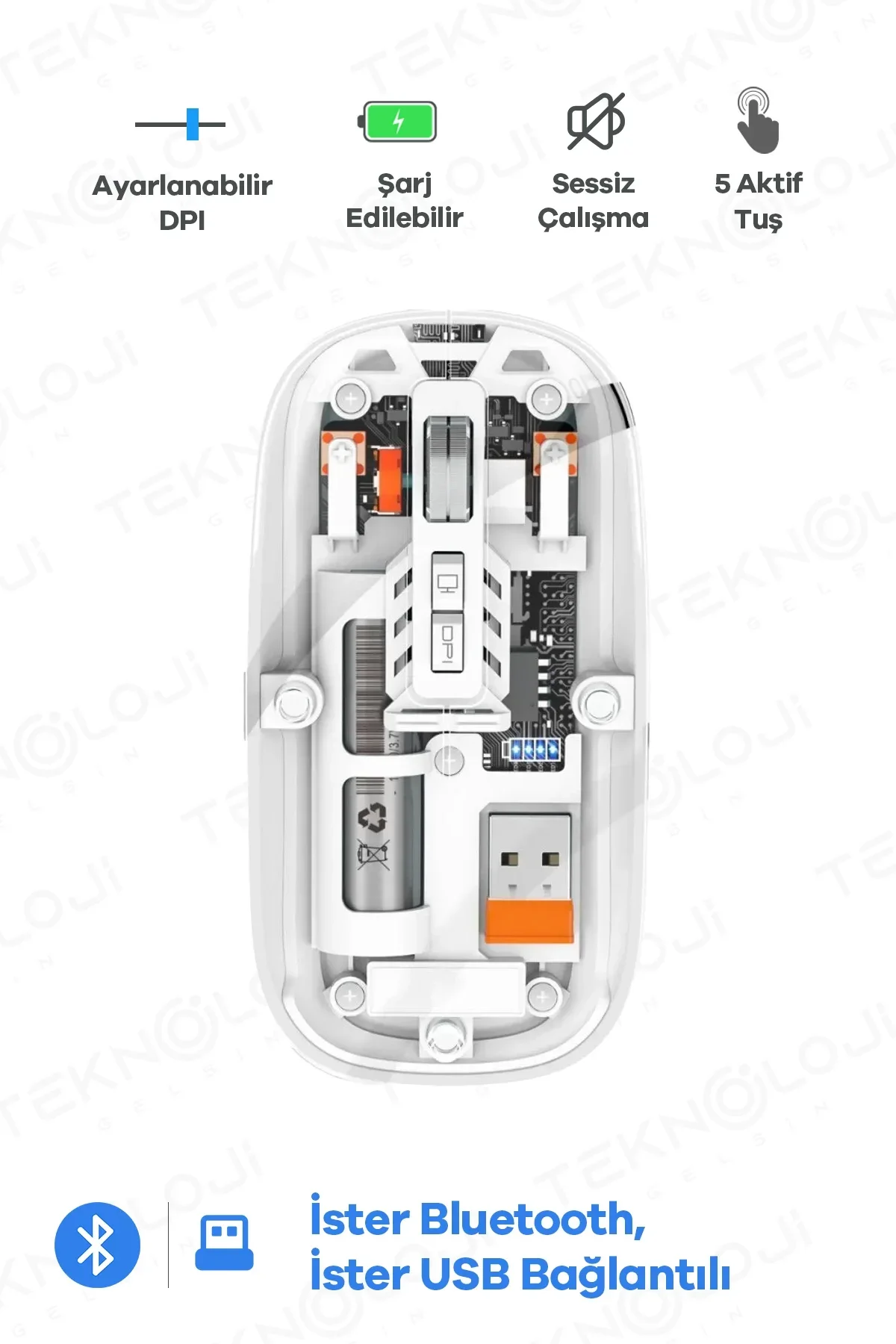 Bluetooth Usb Çift Modlu Sessiz Mouse, Şeffaf Mıknatıslı Kapaklı, Type-c Şarjlı, Dpı Ayarlı, Kablosu - Just Cheap Store Görsel 2