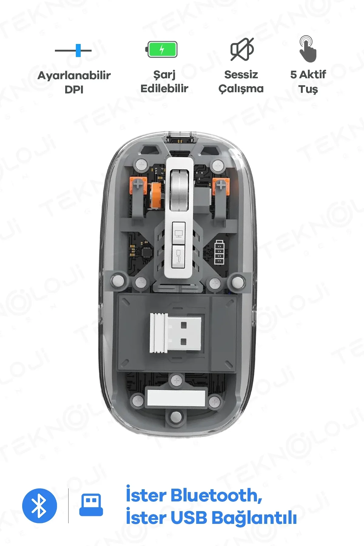Bluetooth Usb Çift Modlu Sessiz Mouse, Şeffaf Mıknatıslı Kapaklı, Type-c Şarjlı, Dpı Ayarlı, Kablosu - Just Cheap Store Görsel 2