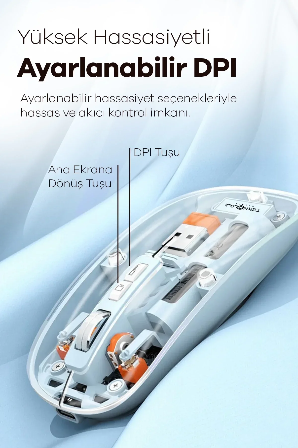 Bluetooth Usb Çift Modlu Sessiz Mouse, Şeffaf Mıknatıslı Kapaklı, Type-c Şarjlı, Dpı Ayarlı, Kablosu - Just Cheap Store Görsel 4