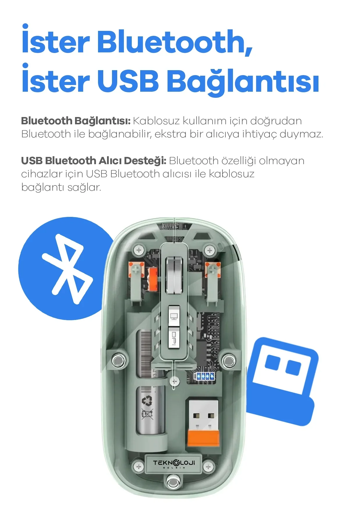 Bluetooth Usb Çift Modlu Sessiz Mouse, Şeffaf Mıknatıslı Kapaklı, Type-c Şarjlı, Dpı Ayarlı, Kablosu - Just Cheap Store Görsel 3