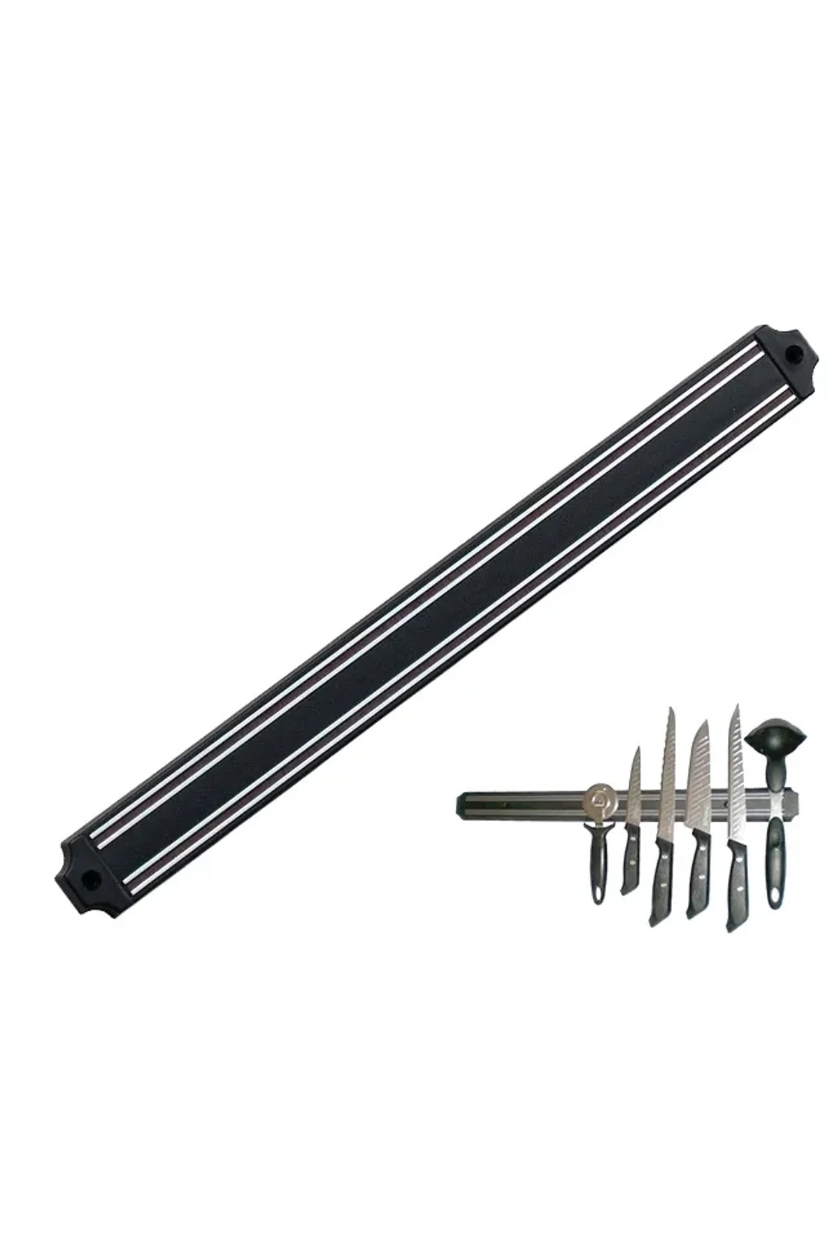 Mutfak Duvarına Monte Mıknatıslı Geniş Bıçak Tutucu Stand - 55 Cm - Siyah - Paslanmaz Çelik