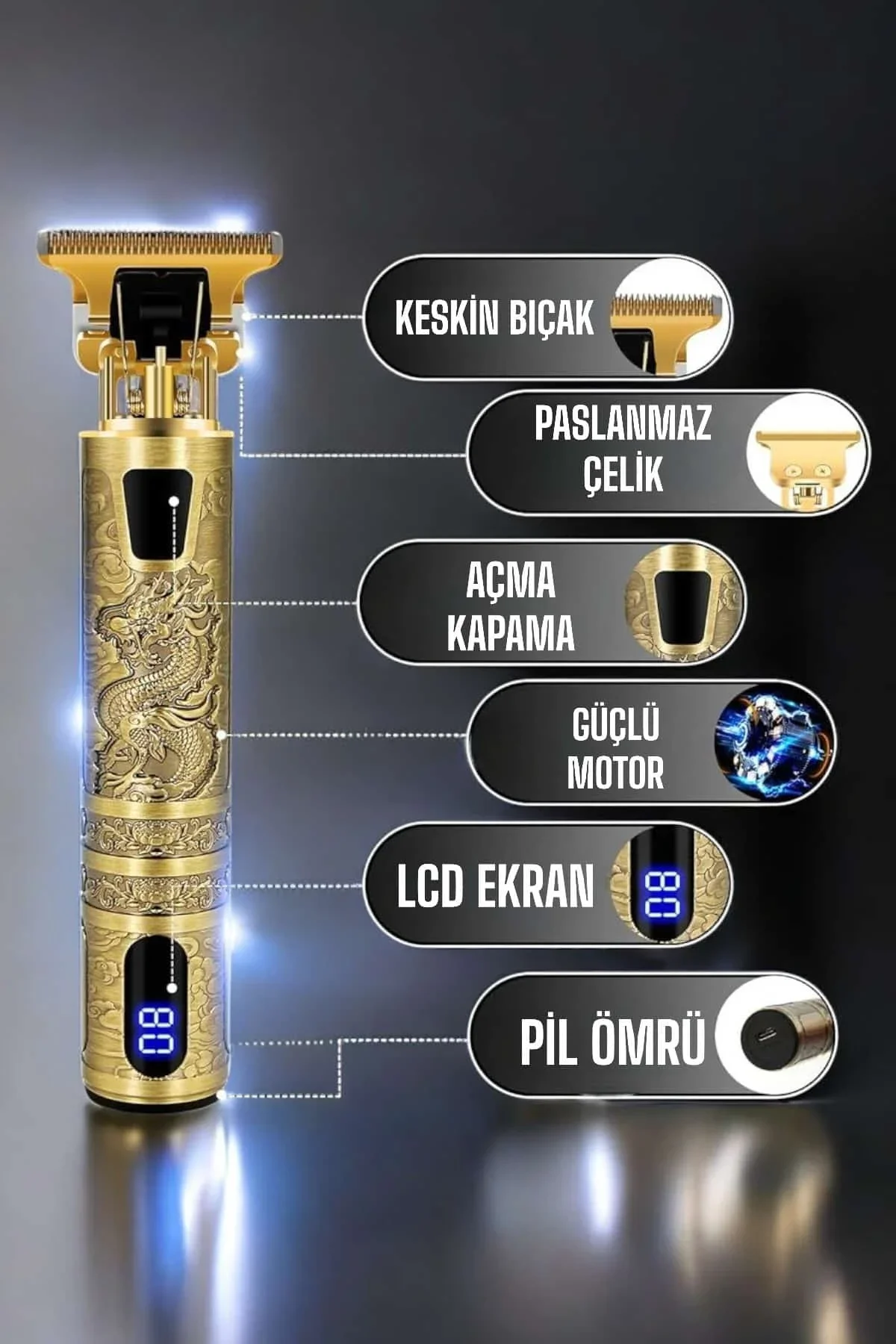 Tıraş Makinesi Şarjlı Profesyonel Saç Kesme Makinesi Gold Çizik Tıraş - Just Cheap Store Görsel 3