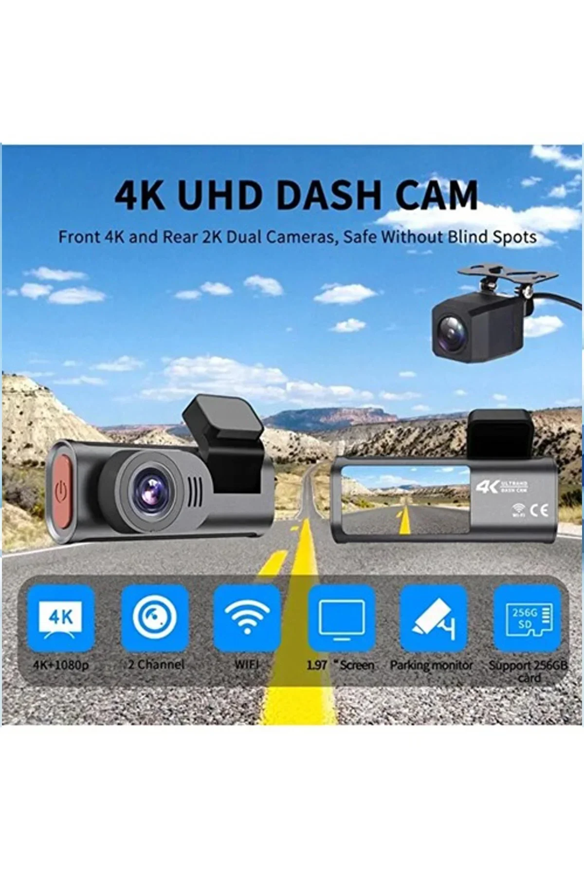 4k Wifi Çift Kameralı Araç Kamerası Gece Görüşlü G-sensörlü Dash Cam 170 Derece - Just Cheap Store Görsel 3