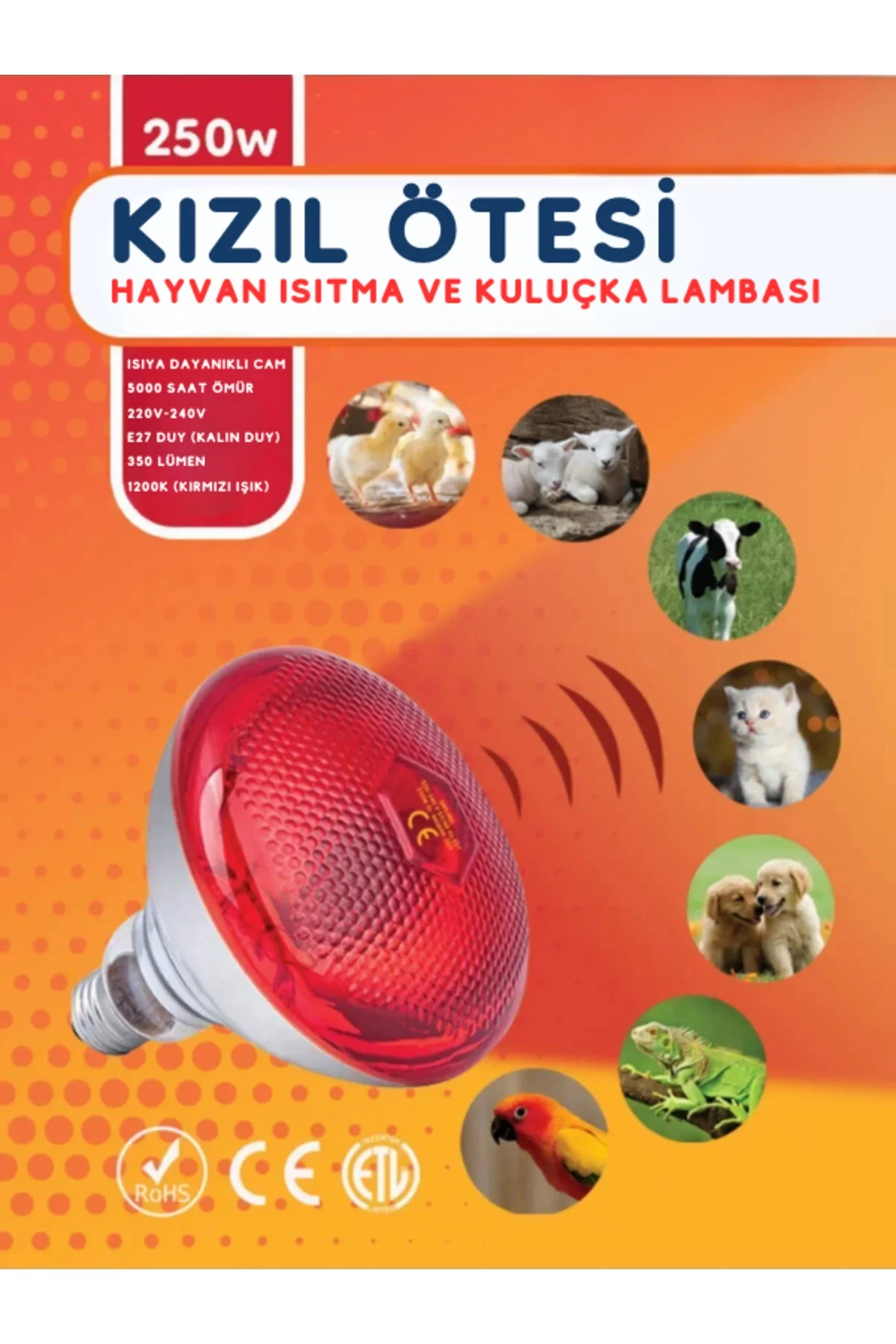 250w Kızılötesi (infrared) Isıtıcılı Hayvan Isıtma Ve Kuluçka Lambası (kırmızı Işık) E27 (kalın Duy)