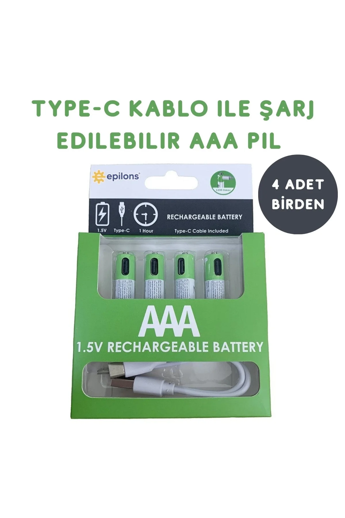 Usb Type-c İle Şarjolabilen 4 Adet Aaa 1.5v Lityum Şarjlı Kalem Pil 750 Mah Uzun Ömürlü