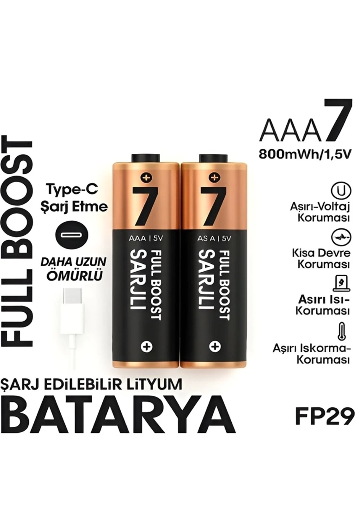 Type-c Şarjlı 800mwh 1.5v Şarj Edilebilir 2’li Aaa İnce Pil - Lityum Iyon Batarya