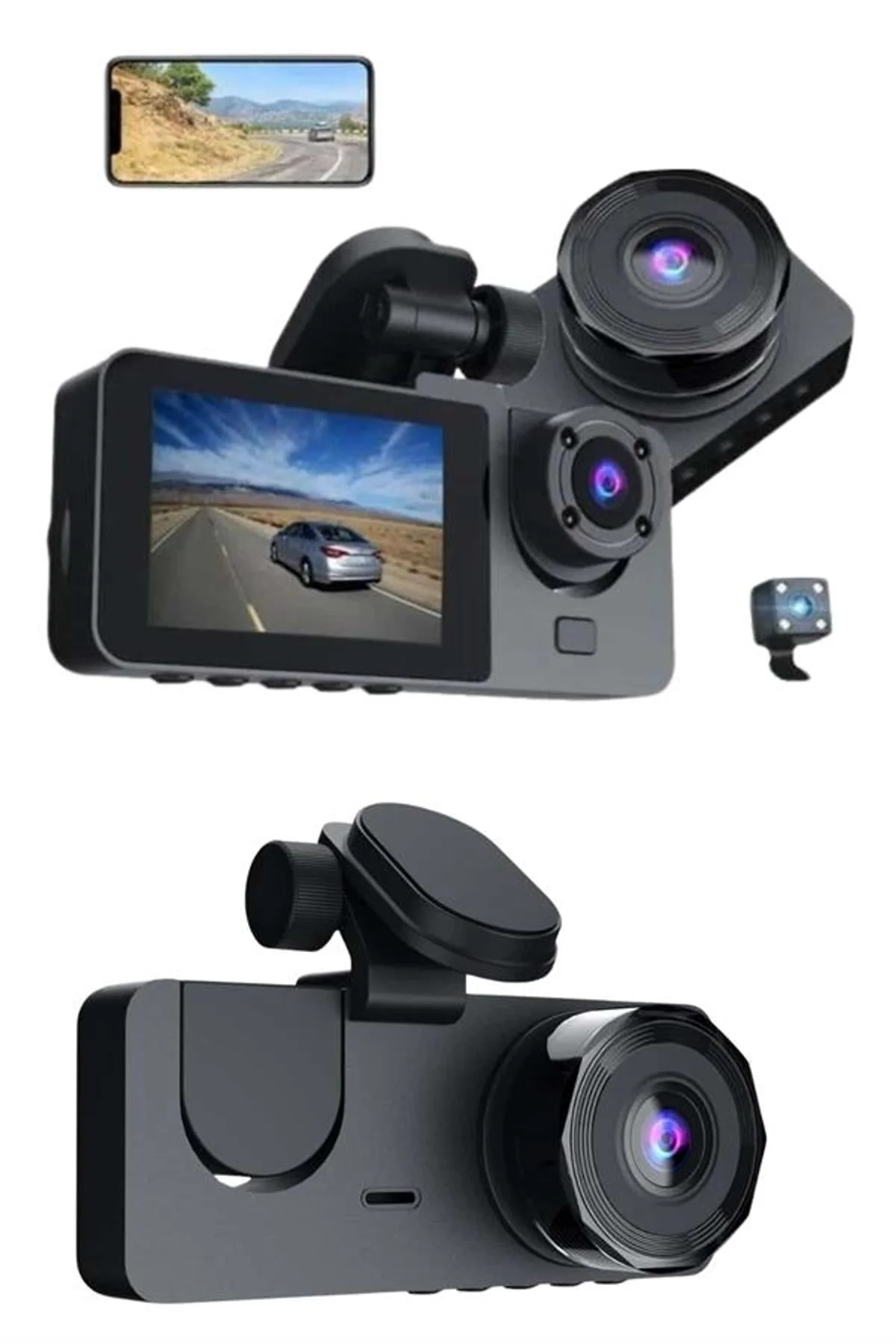 3 Kameralı 2 İnç 1080p Araç İçi Kamera Sürüş Kamerası Carplay