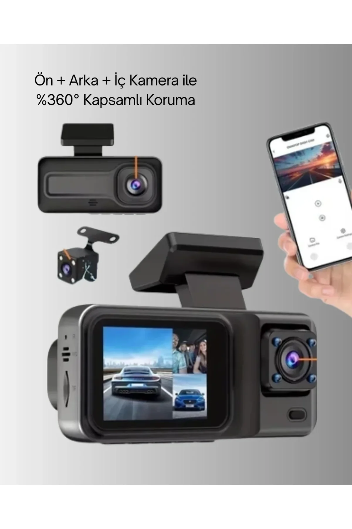 1080p Üç Kameralı Araç Kamerası Wi-fi Destekli Park Modu Ve G-sensörlü - Just Cheap Store Görsel 5
