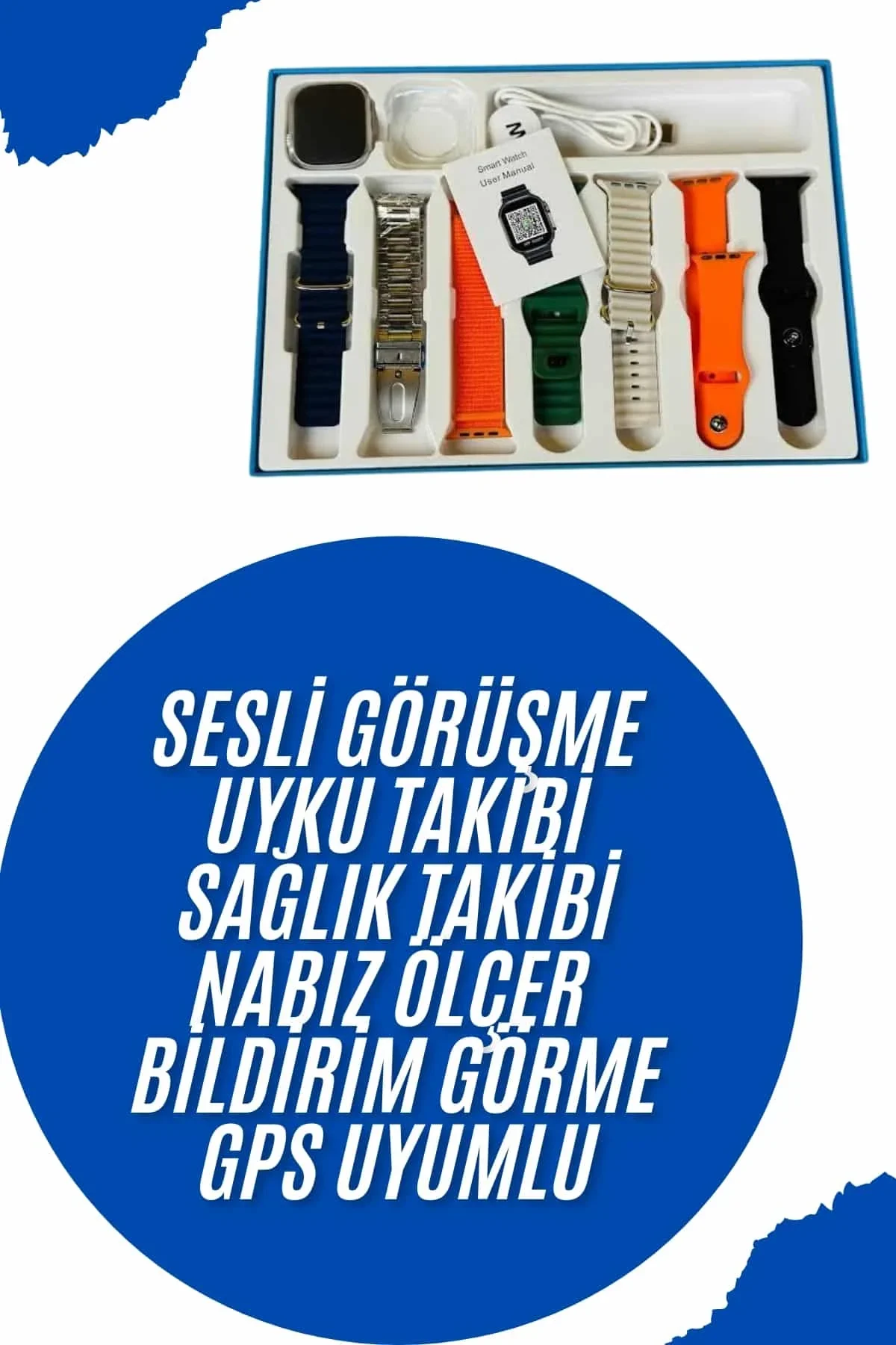 Akıllı Saat 7 Kordon Hediyeli Takvim Alarm Nabız Ölçer Bildirim Görme Sesli Görüşme - Just Cheap Store Görsel 3