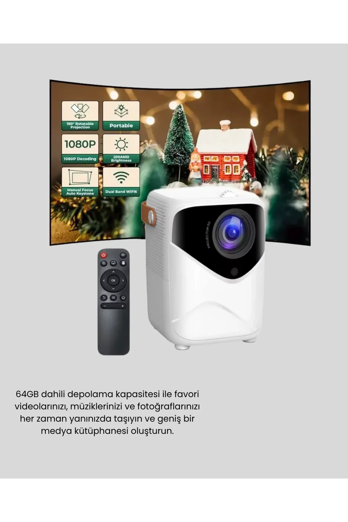 Taşınabilir 1080p Hd Akıllı Projektör – 64gb Dahili Hafıza, 2gb Ram, Uzaktan Kumandalı - Just Cheap Store Görsel 5