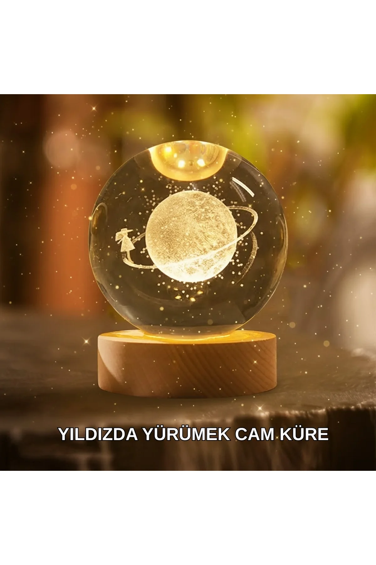 Ahşap Standlı Sarı Işıklı Dekoratif Küre Kız Figürü Tasarım