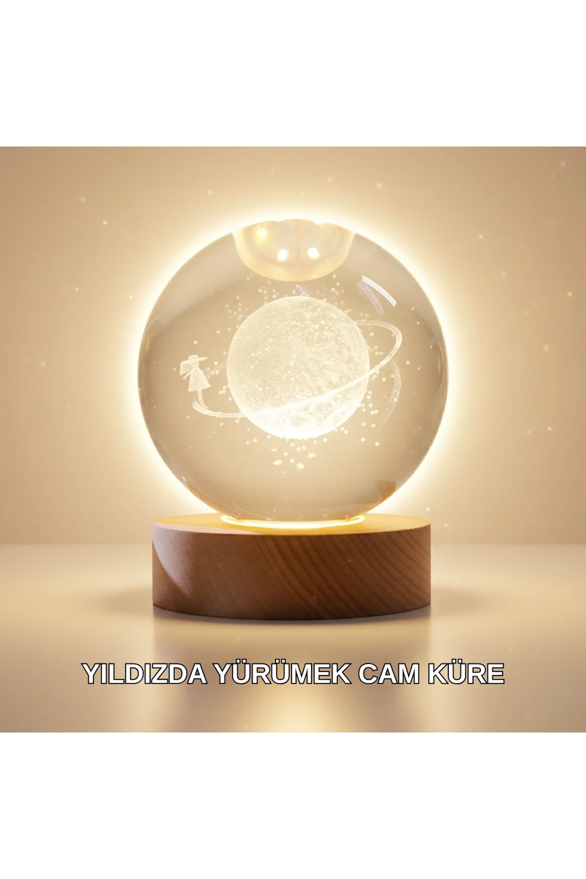 Ahşap Standlı Sarı Işıklı Dekoratif Küre Kız Figürü Tasarım