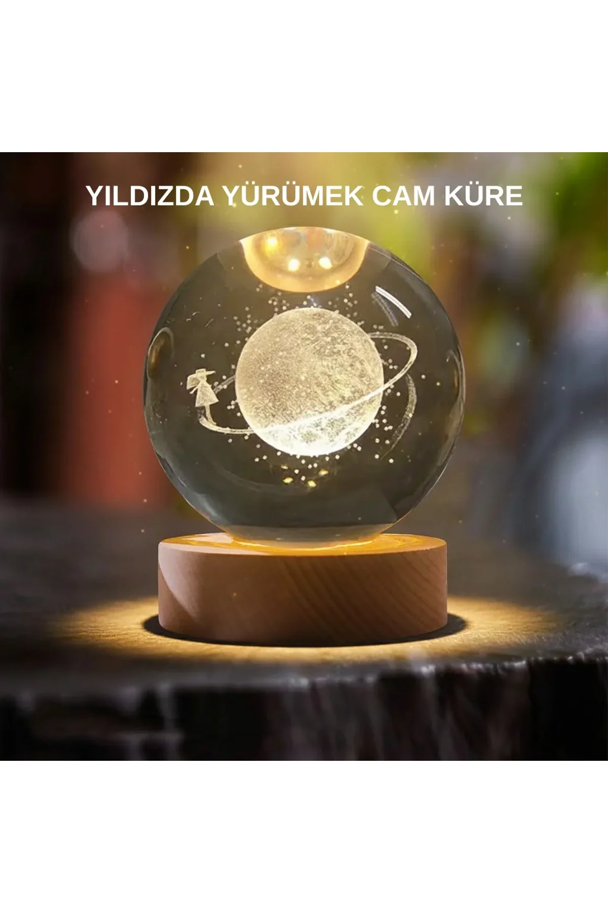 Sarı Işıklı Dekoratif Cam Küre Kız Figürlü Ahşap Standlı - Just Cheap Store Görsel 2