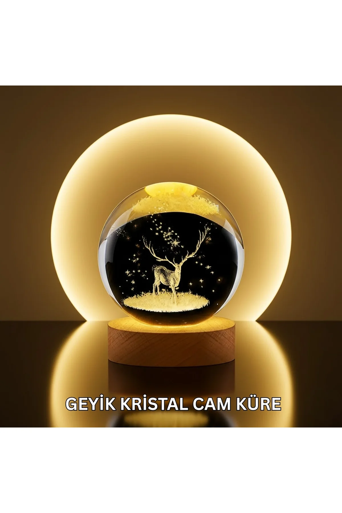 Doğal Ahşap Standlı Geyik Figürlü Kristal Küre Led Dekoratif Lamba