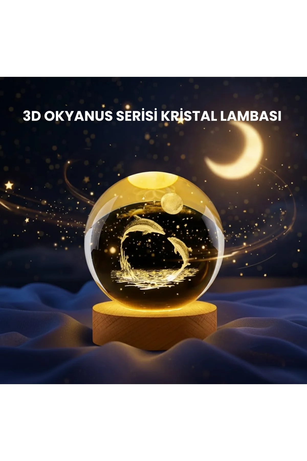 Yunus Figürlü Led Kristal Küre Ahşap Standlı Dekoratif Gece Lambası