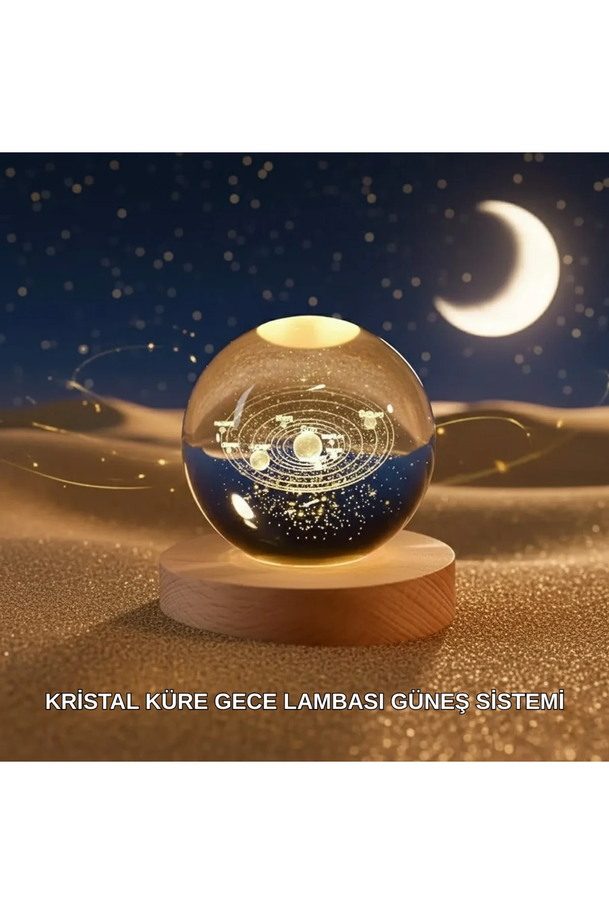Dekoratif Led Kristal Küre Ahşap Altlıklı Şık Gece Lambası