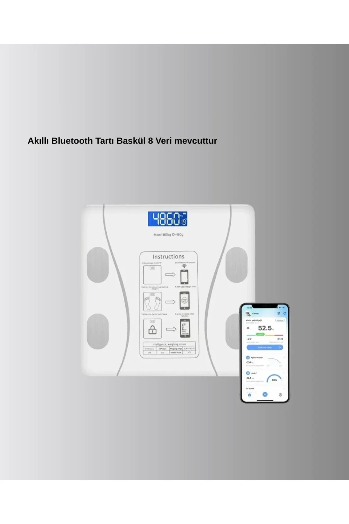 Akıllı Dijital Baskül – Bluetooth Bağlantılı, 8 Ölçüm Verili, Akıllı Vücut Analiz Tartısı - Just Cheap Store Görsel 4