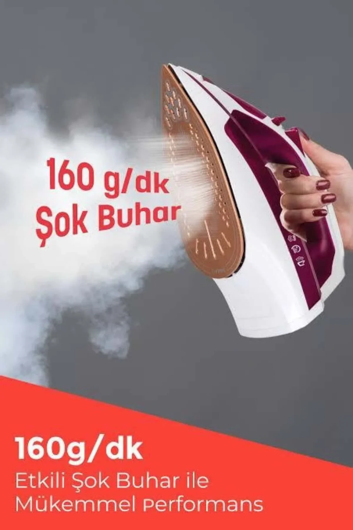 Seramik Tabanlı Kırmızı 2200 Watt Şok Buharlı Ütü - Just Cheap Store Görsel 5