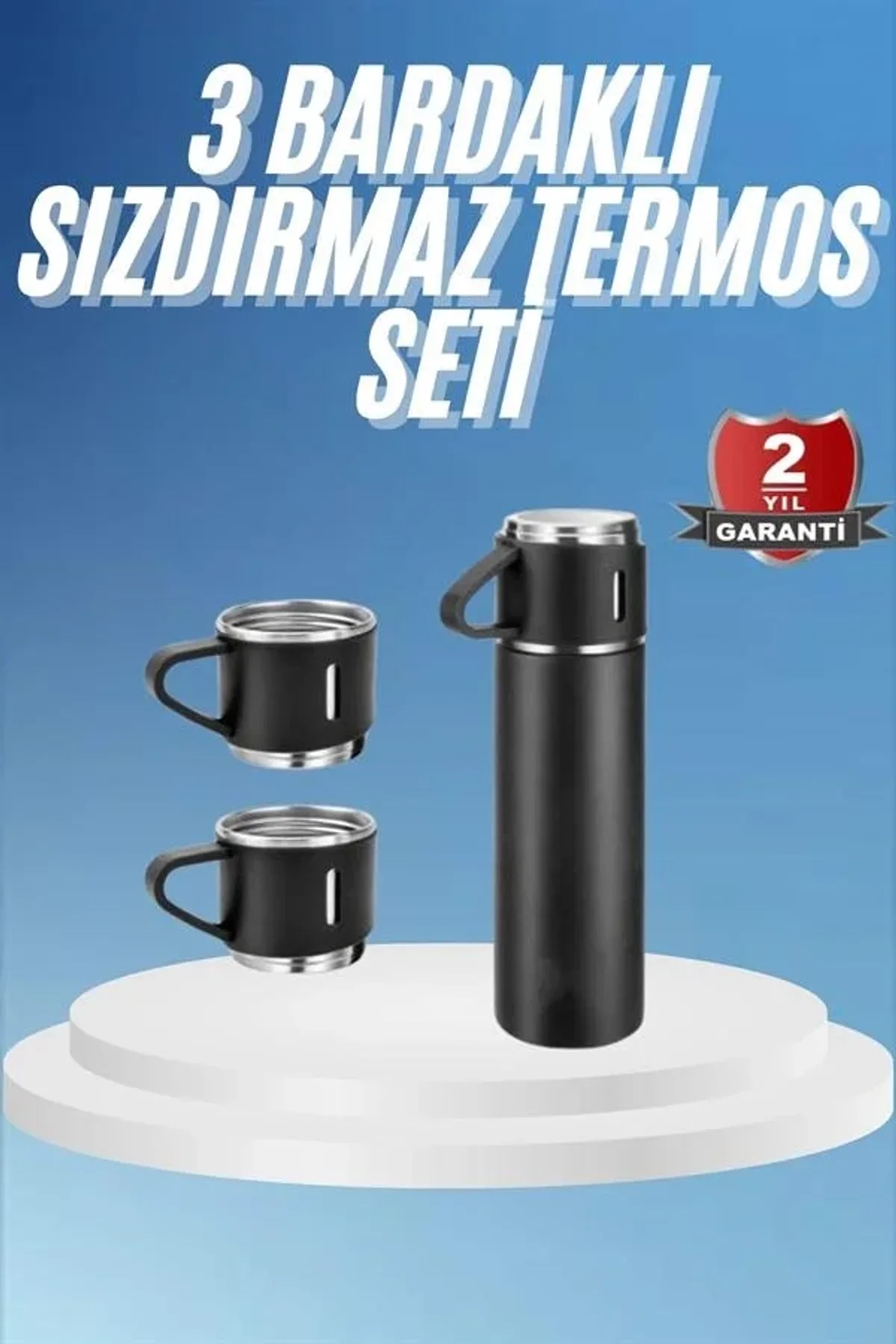 Termos Paslanmaz Çelik Termos Siyah Renk 3 Bardaklı Termos Seti - Just Cheap Store Görsel 3