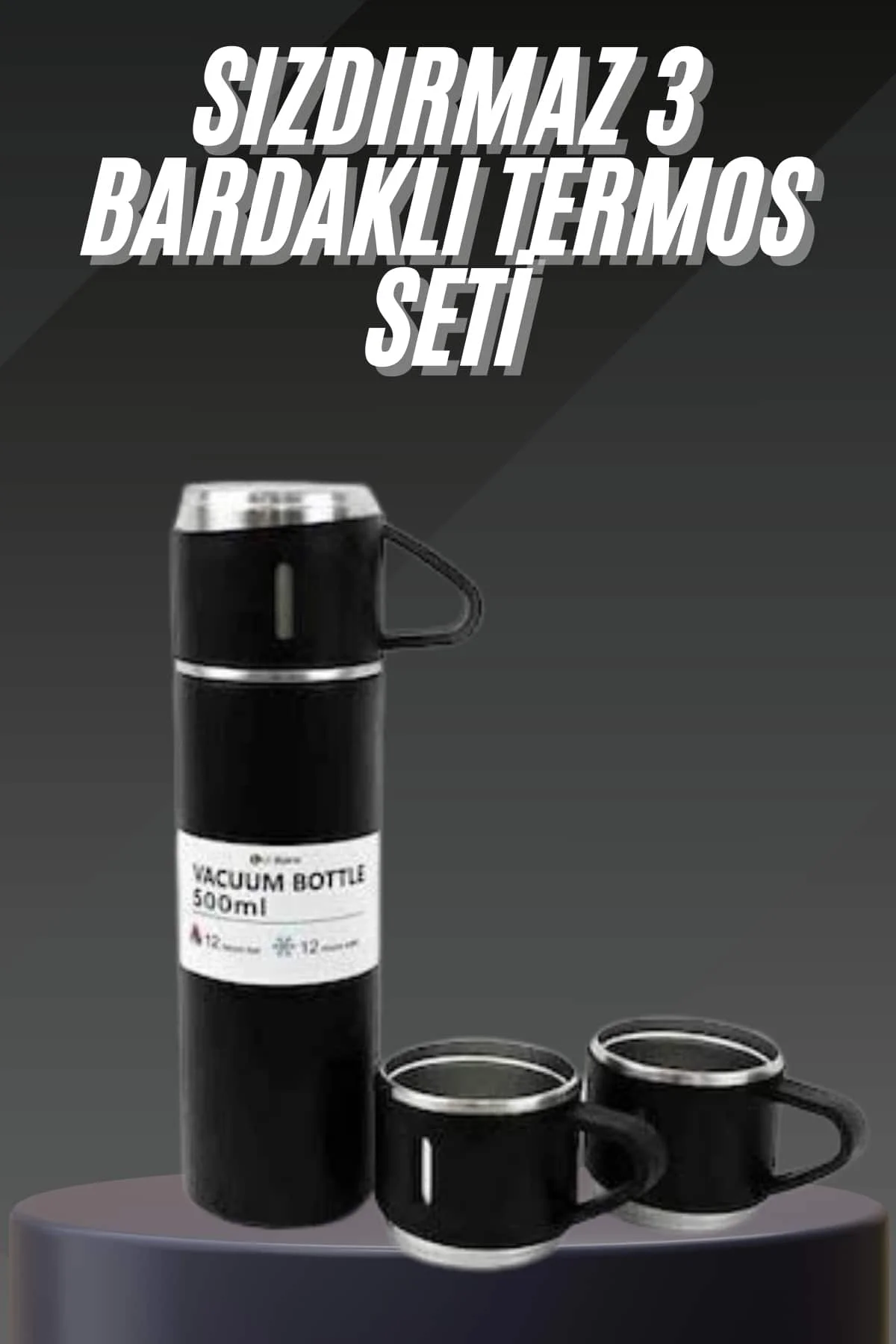 Termos Seti Paslanmaz Çelik 3 Bardaklı Vakumlu Termos Set 500 Ml 12 Saate Kadar Isı Koruma
