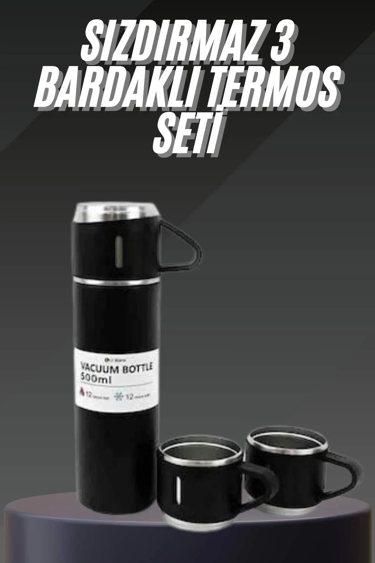 Termos Seti Paslanmaz Çelik 3 Bardaklı Vakumlu Termos Set 500 Ml 12 Saate Kadar Isı Koruma - Just Cheap Store Görsel 2