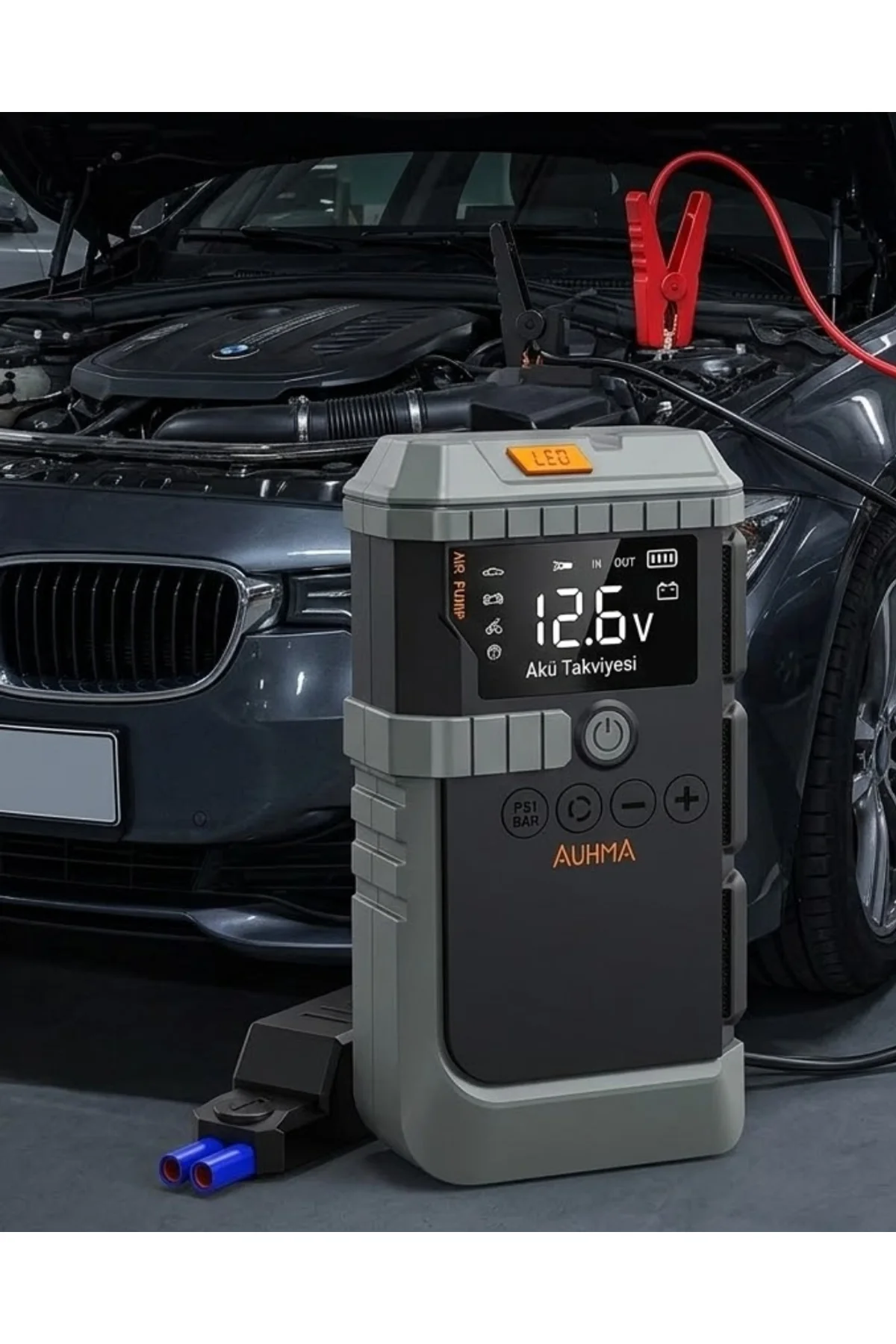 Taşınabilir Araç Çalıştırma Jump Starter Hava Pompası Dijital Basınç Göstergeli Güç Bankası