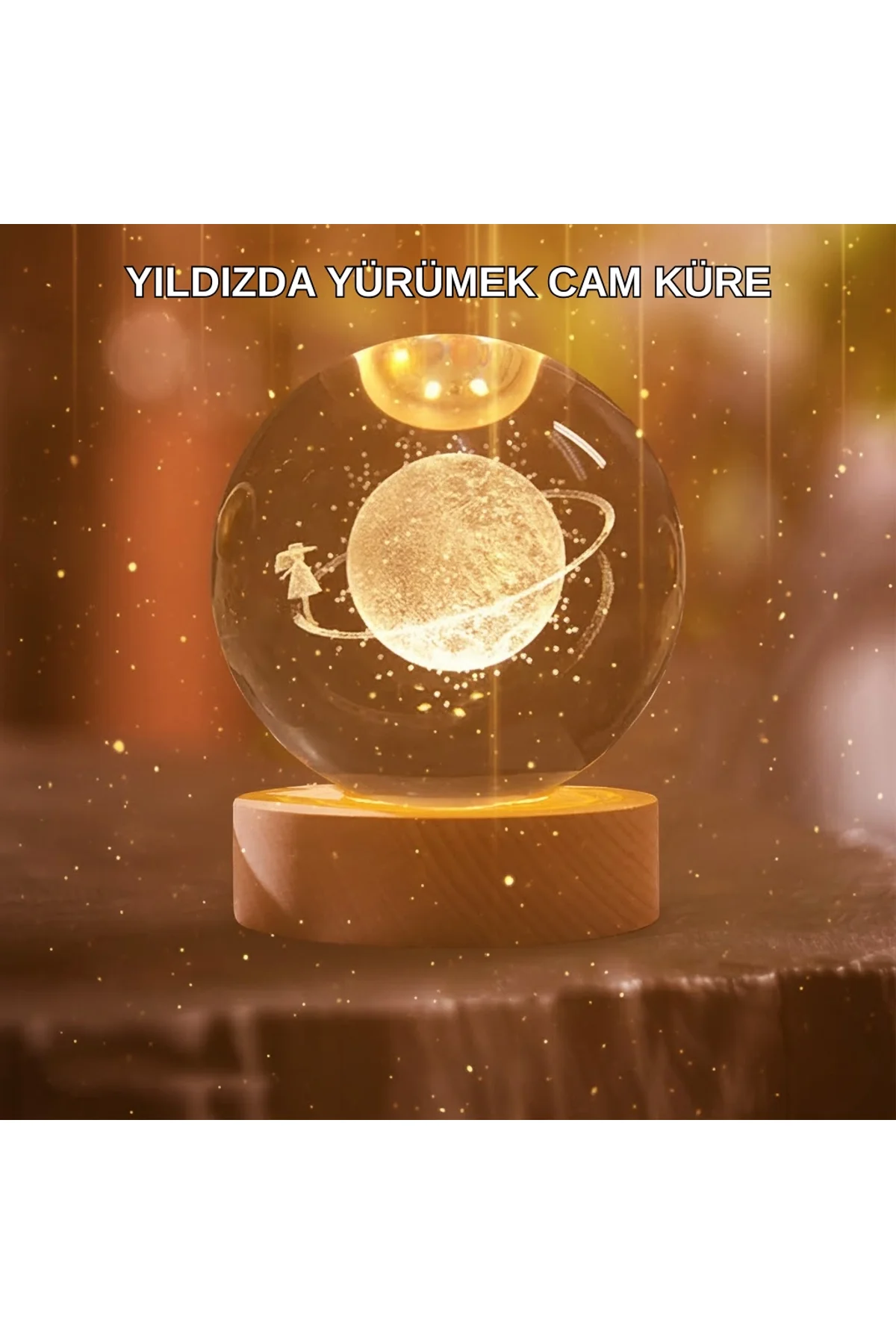 Kız Figürlü Sarı Cam Küre Işıklı Büyük Boy Ahşap Standlı Dekor