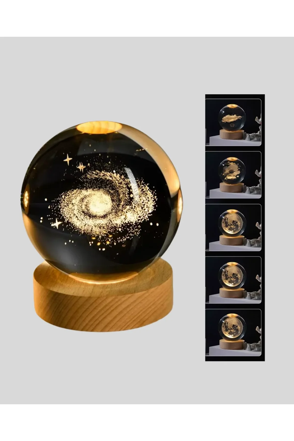 Samanyolu Desenli Kristal Küre Ahşap Standlı Gün Işığı Led Masa Lambası - Just Cheap Store Görsel 5