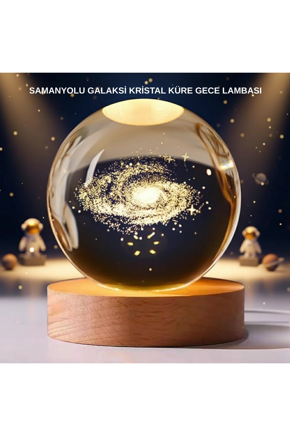 Samanyolu Desenli Kristal Küre Ahşap Standlı Gün Işığı Led Masa Lambası