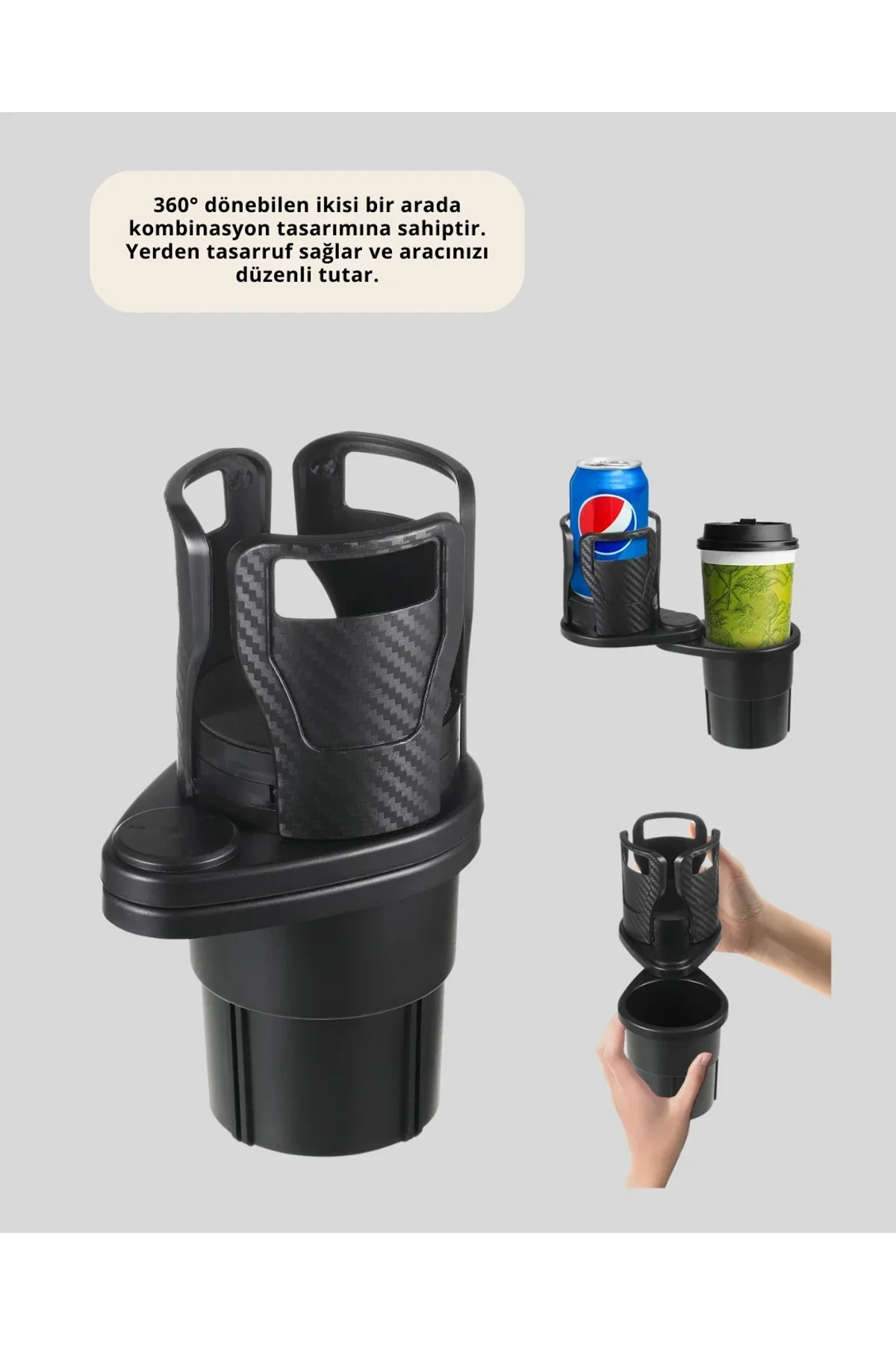 Araba Çift Bardak Tutucu 360° Dönebilen İkisi Bir Arada Ayarlanabilir - Just Cheap Store Görsel 3