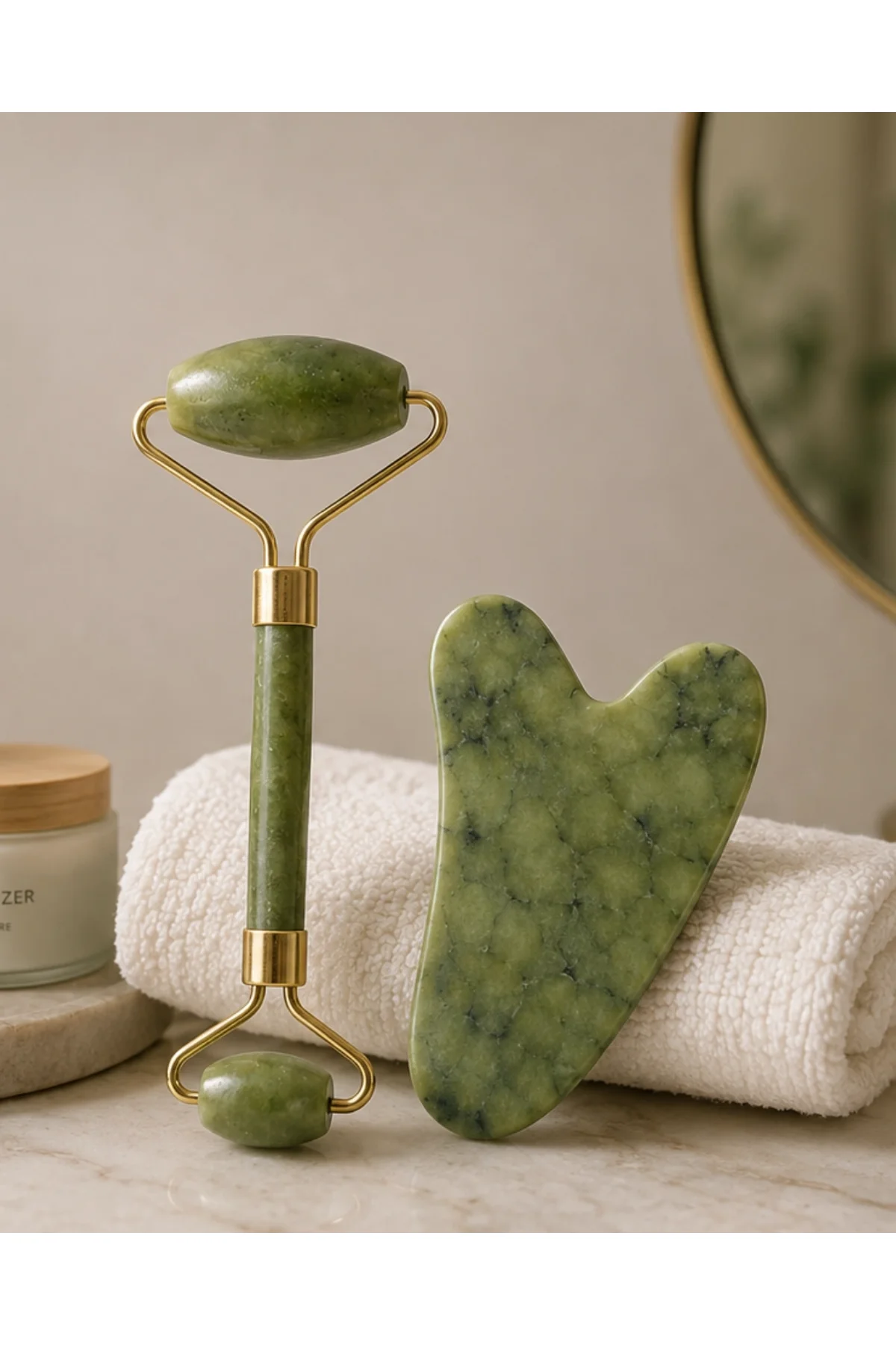 Jade Roller Ve Gua Sha Taşı Yüz Bakım Masaj Seti