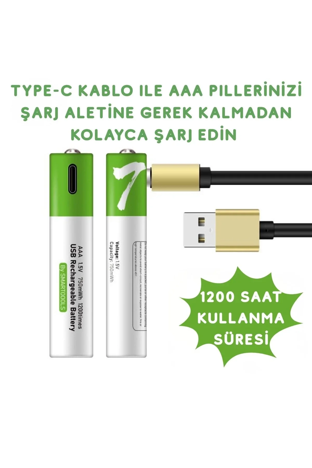 Type-c İle Şarjolabilen 4 Lü Aaa 1.5v Lityum İnce Şarjlı Kalem Pil 750 Mah Uzun Ömürlü - Just Cheap Store Görsel 3
