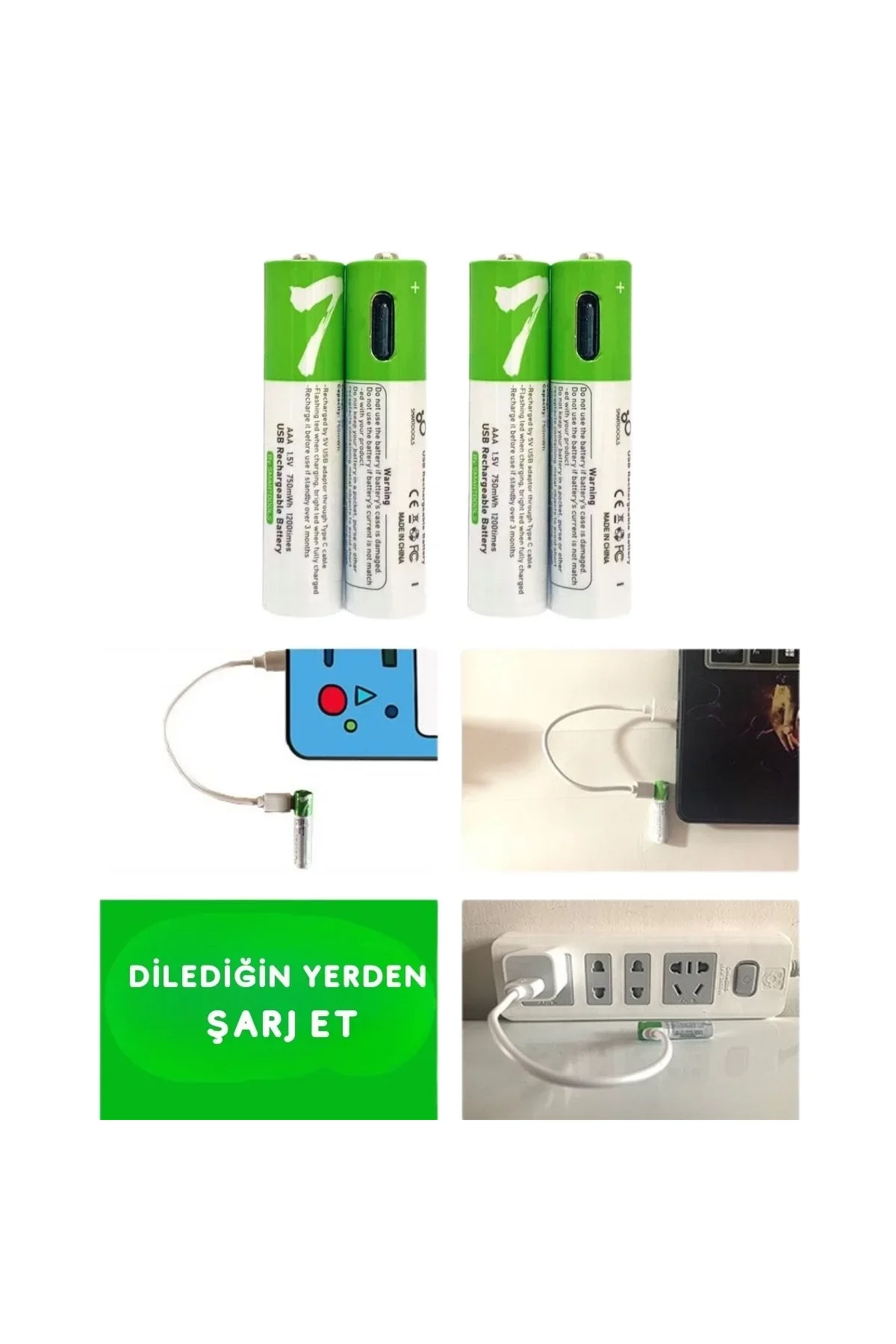 Type-c İle Şarjolabilen 4 Lü Aaa 1.5v Lityum İnce Şarjlı Kalem Pil 750 Mah Uzun Ömürlü - Just Cheap Store Görsel 5