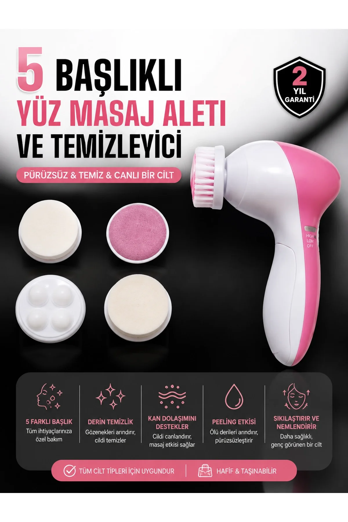 5 Fonksiyonlu Kablosuz Yüz Temizleme Cihazı İle Derinlemesine Cilt Bakımı